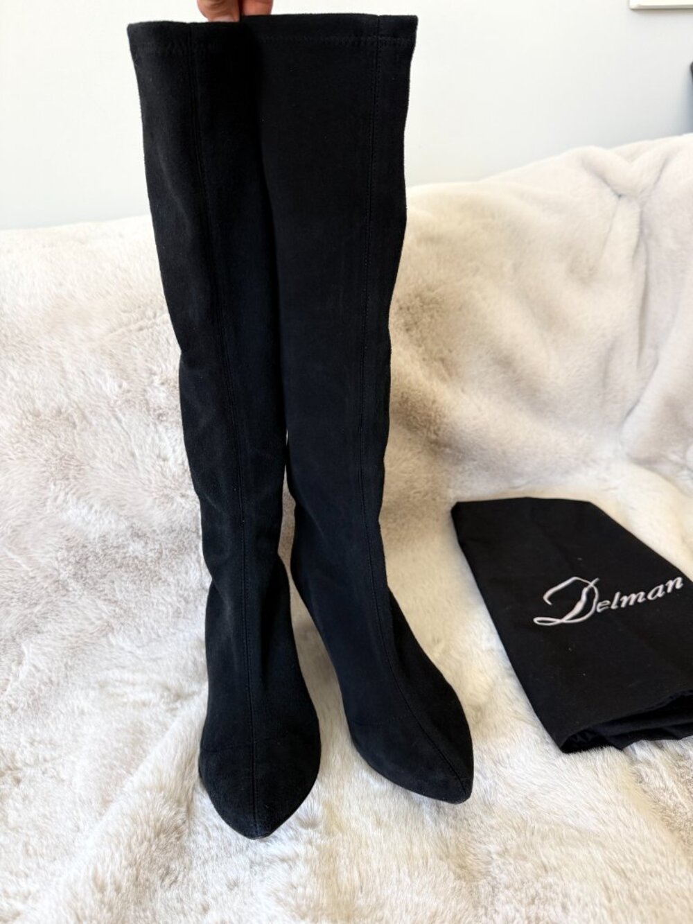 Worn Once! Delman Black Suede Knee-High Boots with Pointed Toe - Picture 5 of 13